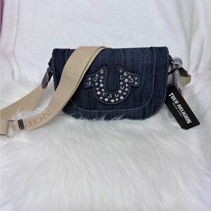 True Religion Dark Denim Crossbody Bag with Beige Strap